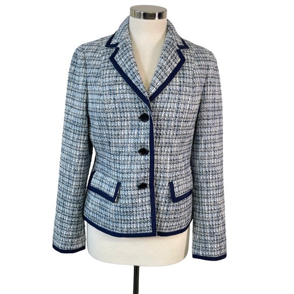 Talbots Women's 8 Blue Tweed Blazer Three Button Blazer Jacket Cotton Blend - Picture 1 of 11